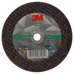 This 3M cut-off wheel is a Type 1 wheel with dimensions 4" x 0.035" x 3/8", featuring ceramic abrasive and 60 grit. It is designed for cool-cutting applications on carbon and stainless steel, providing efficient cutting in metal fabrication and maintenance tasks.