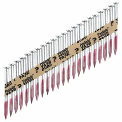 Collated flat smooth metal connector nails with diamond point, 2-1/2 in overall length. Used for fastening metal connectors, joist hangers, and framing hardware in wood construction. Supplied in a 2,000-count pack.