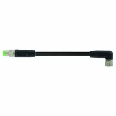 This cordset features an M8 male straight connector on one end and an M12 female right-angle connector on the other, with a black PUR jacket. It has a 0.3 m cable length, 24 AWG wire size, and an IP68 rating. Suitable for twisting applications in industrial automation, sensors, and actuators requiring reliable signal or power transmission in harsh environments.