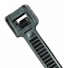 Nylon cable ties for bundling and securing wires, cables, and hoses. 8-inch nominal length, 0.1-inch width, 2-inch maximum bundle diameter. Black color, rated for outdoor use. Pack of 100.