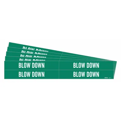 BRADY Pipe Marker: Blow Down, Green, White, Fits 3/4 to 2 3/8 in Pipe O.D., 4 Pipe Markers - Blow Down Adhesive Pipe Markers