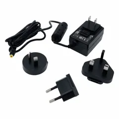 AC adapter with NEMA 1-15 plug interface. Overall dimensions: 2 1/2 in height, 2 1/2 in width. Compatible with manufacturer part number 112182. Used to power weighing indicators and scales in material handling environments.