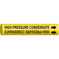 This snap-on pipe marker is used to identify high pressure condensate lines in industrial piping systems. It features a yellow background with black legend text and directional arrows. The marker fits pipe outer diameters from 1-1/2 to 2-3/8 inches