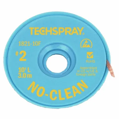 TECHSPRAY No-Clean Flux Desoldering Braid #2 0.055 in 10 ft Yellow ESD-Safe - No-Clean Flux Desoldering Braids