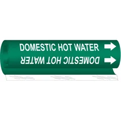 Green wrap-around pipe marker with white legend 'Domestic Hot Water' and directional arrows. Fits pipe outer diameters from 1-1/2 to 2-3/8 inches. Used to identify domestic hot water lines in plumbing systems for clear visual communication of pipe contents and flow direction.