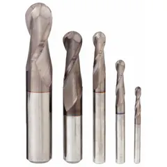 This 5-piece set of general purpose carbide ball end mills features TiCN coating and a 2-flute design. Mill diameters range from 1/8" to 1/2". Suitable for contouring, slotting, and profiling in ferrous metals, tool steel, and stainless steel.