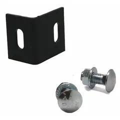 Steel mounting clip with powder-coated black finish, designed for securing wire mesh back guards to heavy-duty welded-frame pallet racks. Includes all necessary mounting hardware. Used in warehouses and distribution centers to prevent loads from falling into aisles.
