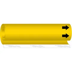This blank wrap-around pipe marker is made of plastic with a yellow background and black arrows. It fits pipe outer diameters from 1-1/2 to 2-3/8 inches and has no pre-printed text, allowing custom labeling. Typically used in industrial facilities to identify pipe contents by adding user-supplied text.