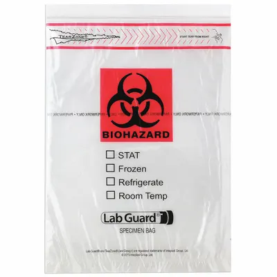 MEDEGEN MEDICAL PRODUCTS Specimen Transfer Bag: LDPE, Biohazard, 1.75 mil Thick, Clear, 12 in Overall Ht - Dual Pouch Specimen Transfer Bags
