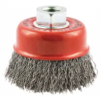 This cup brush features crimped steel wire bristles with a 0.014 in fill diameter, designed for light cleaning, surface preparation, and deburring on carbon steel. The 3 in diameter brush connects via a 5/8"-11 arbor hole, fitting standard angle grinders. It removes rust, scale, and weld splatter without heavy cutting, suitable for maintenance and fabrication tasks