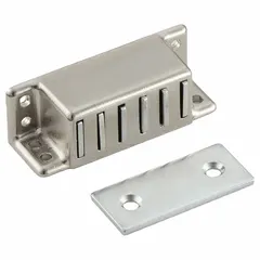 Steel magnetic catch with push-to-close operation and pull opening action. Height 13/16 in, width 2 3/8 in. Used for holding cabinet doors, access panels, and enclosures securely closed.