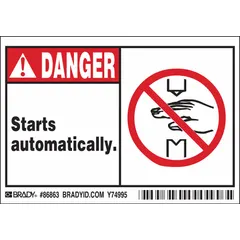 Polyester danger sign with adhesive mounting, measuring 3 1/2 in x 5 in nominal size and 0.01 in thick. Not retroreflective and does not glow in the dark. Used to warn personnel of automatic start-up hazards on machinery or equipment.