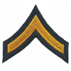 Rank insignia patch for Private First Class (PFC). Measures 3 inches with a gold design on a black background. Constructed from polyester and rayon. Supplied as a single pair (1 PR).