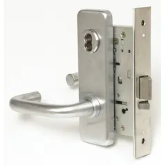 Chrome-finished office lever lockset with interchangeable core and ADA-compliant lever operation. Suitable for interior commercial doors in offices, schools, and healthcare facilities requiring key control and accessibility.