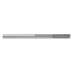 This carbide corner-radius end mill is designed for fast cutting in steel and cast iron. It features an nACRo coating and 6 flutes, with a 1/4" mill diameter and 1-1/2" length of cut. The corner radius strengthens the cutting edge, reducing chipping during high-feed roughing and finishing operations in industrial machining.