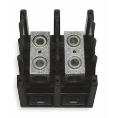 Open-style power distribution block with copper lugs for surface mounting. Accepts line-side wire sizes from 6 AWG to 350 kcmil. Used to distribute power from a single input to multiple outputs in control panels, switchgear, and machinery.