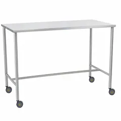 Fixed-height lab table with stainless steel countertop and swivel casters. Overall dimensions: 6 ft length, 29 in width, 34 in height. Suitable for laboratory environments requiring a durable, easy-to-clean work surface for instruments and equipment.