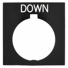 Rectangular non-metallic legend plate for 30 mm panel mounting. Overall height 3 1/4 in, overall width 2 1/8 in. Black body with white legend, English markings, notch orientation set to Down. Used in industrial control stations to label push-button switches.