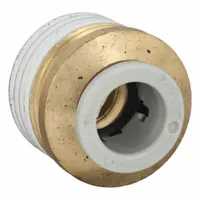 Brass push-to-connect adapter fitting with white finish. Connects 10 mm OD tubing to a 1/2" BSPT threaded port. Used in pneumatic systems for quick, tool-free assembly and disassembly of air lines