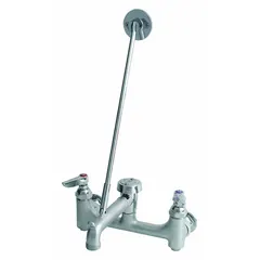 Wall-mounted centerset utility faucet in chrome finish. Constructed of brass for service sink applications. Includes wall bracket. Flow rate of 12.96 gpm supports high-volume filling and cleaning tasks.
