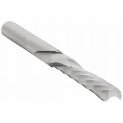 Solid carbide spiral O-flute downcut router bit designed for routing hard plastics. The downcut geometry forces chips downward, producing clean top edges and reducing melting. Suitable for CNC machining of acrylics, polycarbonates, and other rigid plastic sheets.