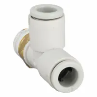 This push-fit tee fitting connects a 1/8 in pipe thread to two 6 mm OD tubes, enabling branch connections in pneumatic tubing systems. It is constructed from polybutylene and brass with a white finish. Overall length is 33 19/32 mm. Suitable for use in industrial automation, packaging, and material handling equipment