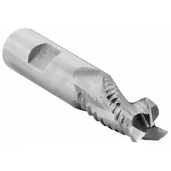 Carbide roughing end mill with 3 flutes, 3/4" mill diameter, 1-1/2" length of cut, 0.04" corner chamfer, and 4" overall length. Designed for high-speed material removal in nonferrous materials such as aluminum and brass. Suitable for roughing operations in general machining applications.