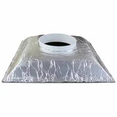 Ceiling-mounted square cone diffuser with white plastic square plaque and insulated construction. Lay-in installation with 8-inch duct connection. Non-adjustable blades. Used for distributing conditioned air in commercial HVAC systems.