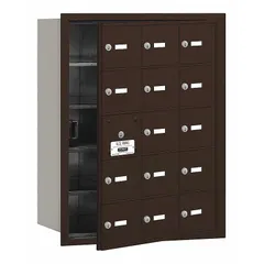 Horizontal multi-unit mailbox with 15 lockable front doors, designed for recessed mounting. Measures 29 3/4 in H x 22 3/4 in W x 16 1/2 in D. Suitable for centralized mail distribution in apartment buildings, offices, or commercial facilities.