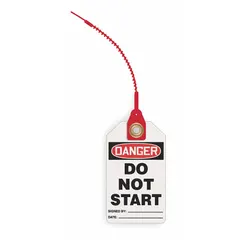 White single-part danger tags with attached strap fastener. #7 tag size. Pack of 10. Legend not repeated on both sides. Used in lockout/tagout procedures to warn against equipment startup during maintenance.