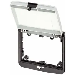 This panel interface connector frame with cover is designed to house Modlink MSDD inserts in industrial control panels. It features a black nylon housing and gray PBT lid, with an IP65 rating for protection against dust and water ingress. The 2-way mounting frame provides a secure enclosure for signal and power connections in factory automation and machine building applications.