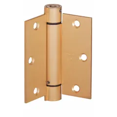 Full mortise-mount spring hinge made of brass. Overall height 3-1/2 inches, frame leaf width 1-3/8 inches. Used for self-closing doors in commercial and industrial applications where reliable automatic closure is required.
