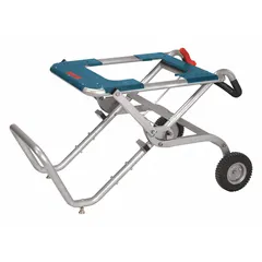 This portable table saw stand provides a stable 48-inch support platform for compatible table saws. Designed for job site and workshop use, it facilitates cutting wood, plywood, and sheet goods. The stand offers a convenient, mobile work surface for various cutting applications.