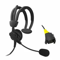 This single-ear headset is designed for use with Vocollect SR-20, HD-700-1/T2/T2X/T5 series devices. It features an on-ear over-the-head design with an 8-round-pin clip/screw-on connector. The headset is black and intended for hands-free communication in warehouse and logistics environments.