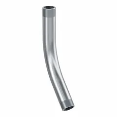 45° aluminum elbow for rigid metal conduit (RMC) with 1-1/2 in trade size and NPT threads. Plain finish, overall length 14 5/32 in. Complies with UL 6A and ANSI C80.5 standards. Used to change conduit direction in electrical raceway systems.