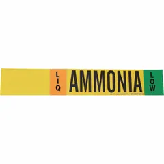 Single ammonia pipe marker for LIQ phase, Low IIAR Pressure Level applications. Fits pipe O.D. of 8 in and larger. Supplied without arrows for clear identification of ammonia piping in industrial refrigeration systems.