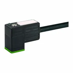 Single-ended cordset with a DIN Form C female right-angle connector on one end and bare wires on the other. Features 3 pins, 18 AWG wire size, 5 m cable length, black PVC jacket, and IP67 rating. Used for connecting solenoid valves and sensors in industrial automation, hydraulic, pneumatic, and process control systems.