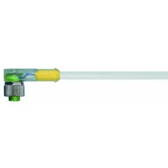 Single-ended cordset with a right-angle M12 female connector and bare wire termination. Features a gray PUR jacket for twisting applications, 4 pins, 22 AWG wire, 0.3 m cable length, 4 A max current, and IP66K protection. Suitable for connecting sensors or actuators in industrial automation, packaging, and material handling.