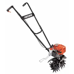 The ECHO TC-210AA is a 2-cycle, 21.2 cc gas-powered tiller/cultivator with manual recoil start. It features a 9-inch working width and 10-inch tilling depth, with forward and reverse tine rotation for controlled soil preparation in gardens and landscaping.