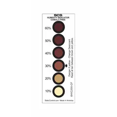 Humidity indicator card with 6 color-change dots for monitoring moisture exposure inside sealed packages. Made of blotter paper with a non-cobaltous solution. Each card measures 1 9/16 in wide by 4 3/4 in long. Supplied in a case of 200 cards.