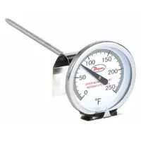 General-purpose clip-on dial thermometer for vat and pan temperature monitoring. Features a 5-inch stem, +/-2% accuracy, and Fahrenheit scale. Clips directly to vessel walls for continuous reading in food processing, commercial kitchens, and industrial heating applications
