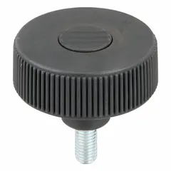 This knurled knob features a gray plastic body with a steel threaded stud. It has an M10 thread with a 20 mm thread length and a 63 mm diameter. Designed for manual adjustment and clamping on machinery, jigs, and fixtures, it provides a comfortable grip for frequent hand-tightening in industrial settings.