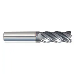 This carbide corner-radius end mill is designed for fast cutting in steel and cast iron. The nACRo coating reduces heat and wear, while the corner radius strengthens the cutting edge to prevent chipping. With 4 flutes, a 7/16" mill diameter, and 1" length of cut, it is suitable for high-feed roughing and finishing in CNC and manual milling operations.