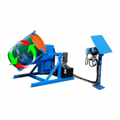 Three-phase drum tumbler mixer for 30 to 55 gal drums with 800 lb capacity. Features TEFC motor, 2 hp, variable speed, and tilt-to-load design. Operates on 208V/230V/460V. Suitable for mixing, blending, and tumbling materials in industrial processing applications.
