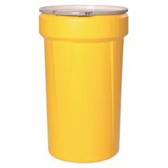 55-gallon nestable overpack drum made of HDPE with an open head and metal lever lock closing ring. Holds an original shipping container for secondary containment. Unlined interior. UN rated 1H2/Y250/S for solids and liquids.