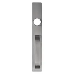 This DETEX mechanical exit device trim is constructed of stainless steel with a silver finish. It is a pull-type outside trim designed for use with exit push bars on doors up to 48 inches wide. The trim is ADA compliant, making it suitable for commercial and industrial egress applications.