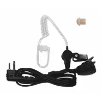 This surveillance kit includes a clear earbud, push-to-talk button, and shirt/lapel microphone with a single wire and 2-pin connector. It is designed for discreet two-way radio communication in security and surveillance applications