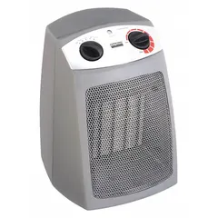 Portable electric desk heater with three heat settings (650W/1000W/1500W) and heating capacities of 2218/3412/5118 BtuH. Gray housing, dimensions 10 in x 7-5/8 in x 7-1/2 in. Includes safety tip-over switch. Suitable for spot heating in offices, workshops, or small spaces.