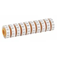 Replacement roll for wire marker dispensers, providing 5,760 black-on-white polyester film labels per 50-pack. Legends 40 to 49. Used for identifying cables and terminals in control panels, electrical installations, and maintenance tasks.