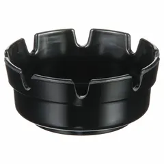 This black melamine ash tray has an overall diameter of 4 inches and a height of 1 3/4 inches. It is used in hospitality and break areas to collect ash and cigarette butts on tabletops or counters.